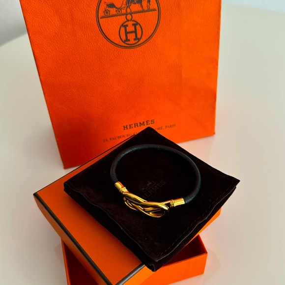 Hermes Jewelry - HERMES Leather & Gold Tone Metal Bracelet with Pouch, Box & Shopping Bag
